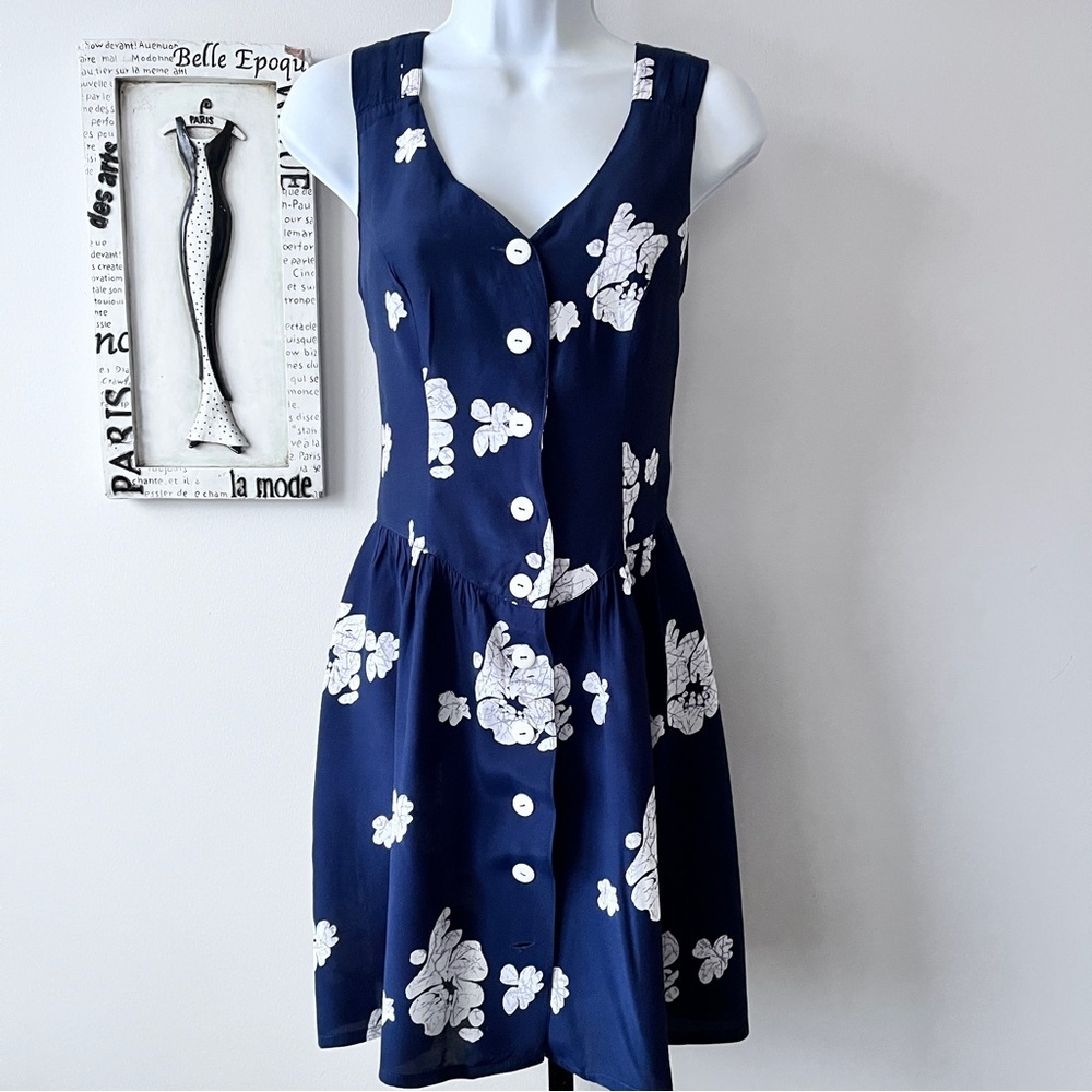 Vintage 90s Boysen’s Navy Blue Floral Button-Down Mini Dress Size S